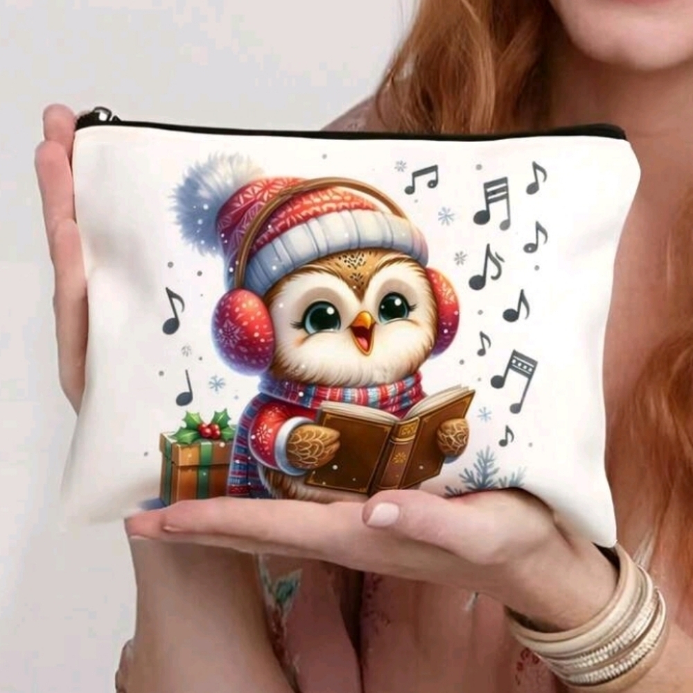 Cream Zip Pouch Bird Singing In Winter Print Canvas Purse